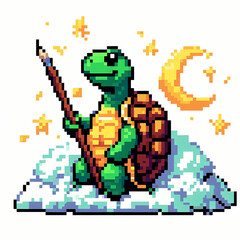 Pixel art turtle walking on solid background.