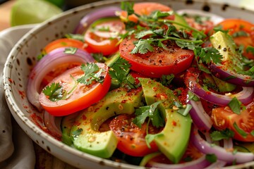 Sweet potato and black bean salad with red onions, corn, and avocado, dressed with a lime-cumin vinaigrette and garnished with fresh cilantro.