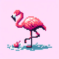 Fototapeta premium Pixel art flamingo standing on one leg.