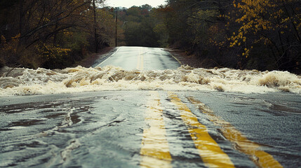 A flooded urban street with rushing water during heavy rainfall.