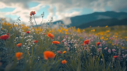 Stunning field of flowers under bright sunset light