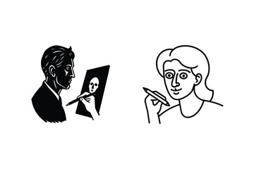 Artist Portraits Man Drawing, Woman Contemplating Art Creation