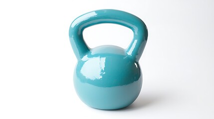 A blue kettlebell sits on a white background