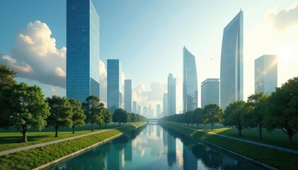 Fototapeta premium Towering glass structures amid lush parklands , greenery, lush