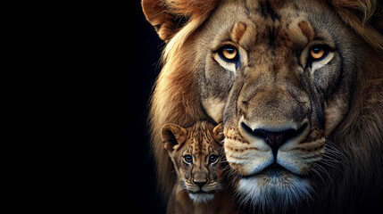 Fototapeta premium Majestic lion with cub in a loving family portrait.