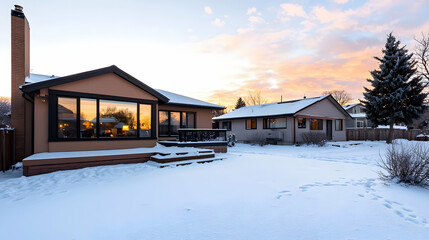 Snow Covered Suburban Houses With Sunset Sky And Tranquil Winter Landscape