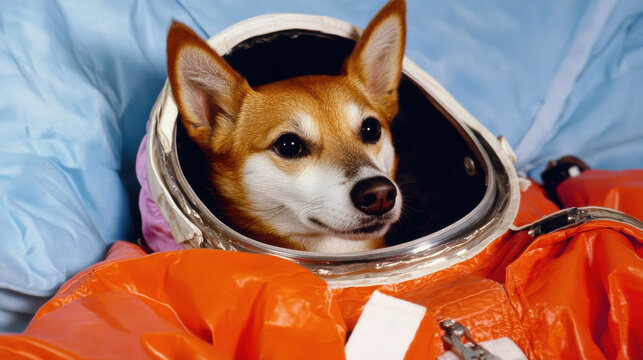A charming corgi in a bright orange astronaut suit, peeking out from a space helmet, exuding cuteness and adventure. - Powered by Adobe