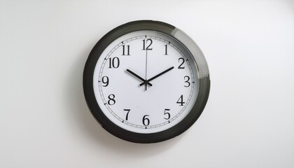 A round wall clock placed on a white background
