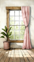 serene watercolor scene featuring window with pink curtain and potted plant, inviting tranquility., Watercolor illustration