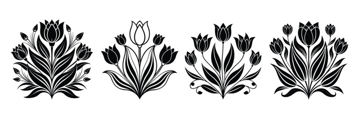 Floral Ornament Vector Set Elegant Black Flower Silhouettes Decorative Botanical Design Isolated