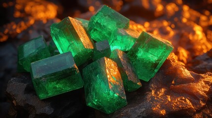 Radiant emerald crystals nestled in fiery rock