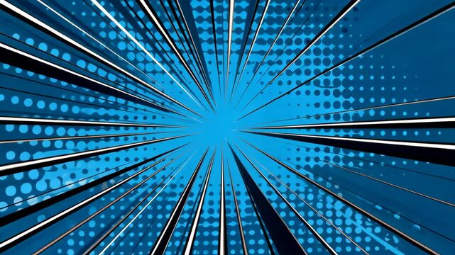 Looping blue comic book pop art background animation with dynamic radial speed lines and halftone dots effect