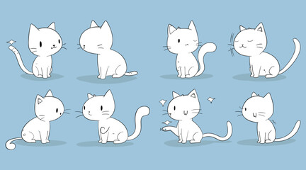 Cute White Cat Poses - Hand-drawn Cat Expressions and Stances © MrOwlCreatives