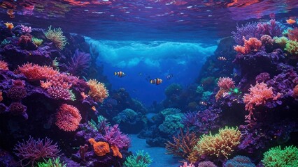 Fototapeta premium Psychedelic Underwater World with Glowing Coral and Bioluminescent Creatures 4K HD High Quality Image Wallpaper Background
