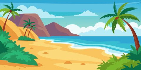 Obraz premium Tropical beach landscape with palm trees and mountains 