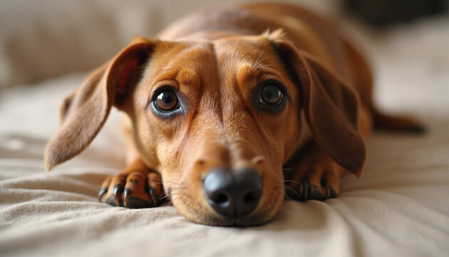 Brown Dachshund puppy looking curious on a soft bed  