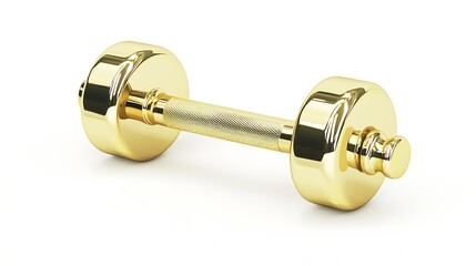 A gold colored dumbbell with a silver handle