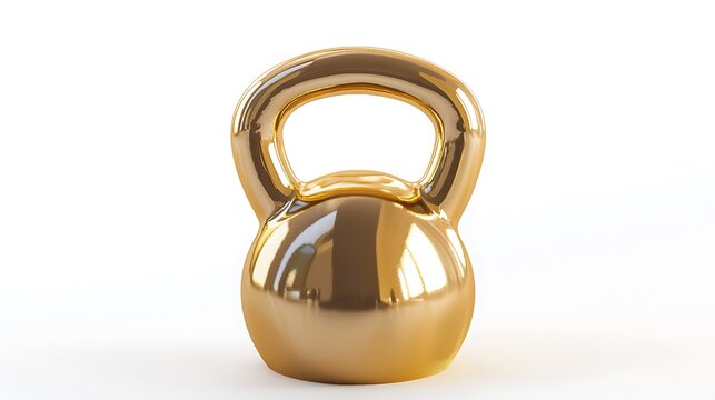 A gold weight with a handle sits on a white background