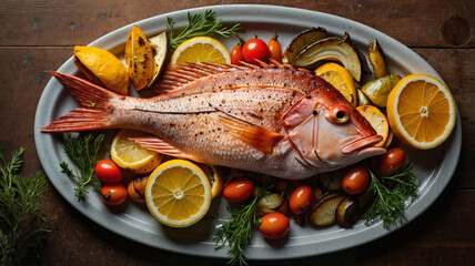 Fresh fish platter with vegetables and citrus on rustic table  
