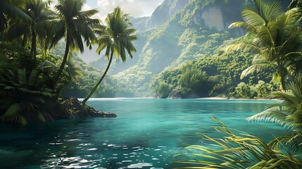 A hidden tropical paradise with a turquoise lagoon and exotic palm trees swaying in the breeze