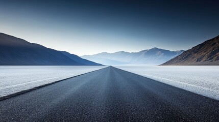 Empty Road Through Snowy Mountains