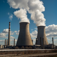 Industrial power plant with cooling towers emitting steam  