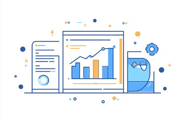 Illustration of data analysis with bar graph document and gear on a white background design concept