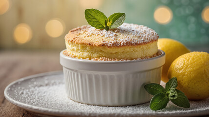 Lemon soufflé dessert garnished with mint leaves on a plate  