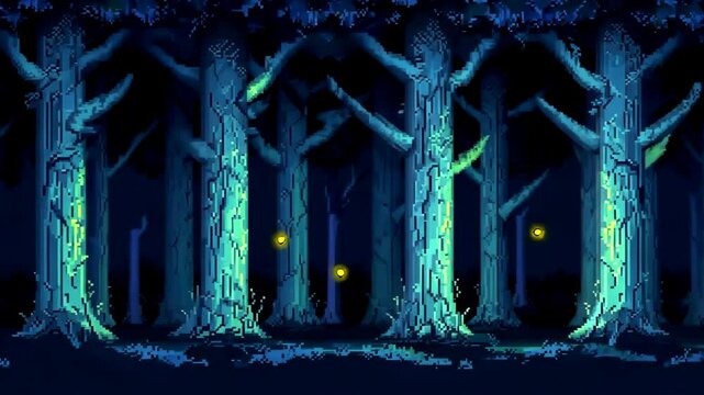 Pixel art animation dark night forest scene scrolling sideways with glowing fireflies retro game background wide shot