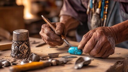 Fototapeta premium Skilled artisan crafting intricate turquoise jewelry in a workshop, showcasing detailed handwork and traditional tools.