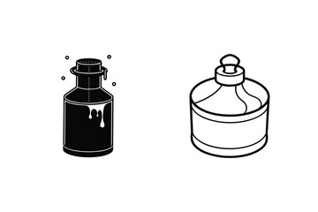 Ink Bottles, Vintage Design, Illustration, Black, White, Graphic, Drawing, Liquid, Spill, Containers