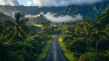 Scenic road through lush tropical landscape with mountains and fog in the background during early morning light Generative AI