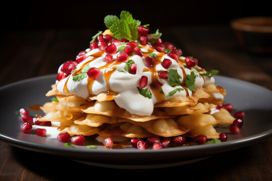 
Indian chaat street food: crispy papdi topped with yogurt, chutney, and pomegranate seeds