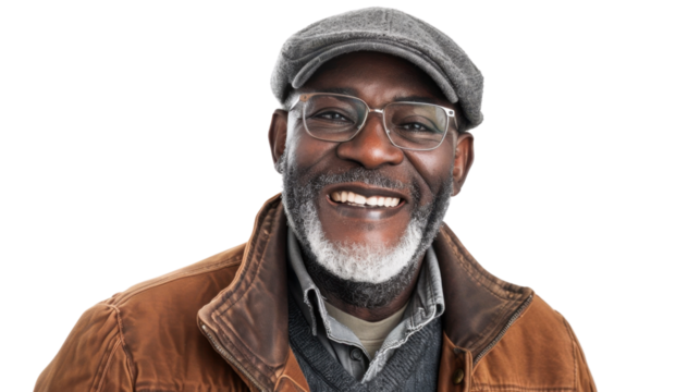Happy retired man with glasses and hat smiling on a transparent background