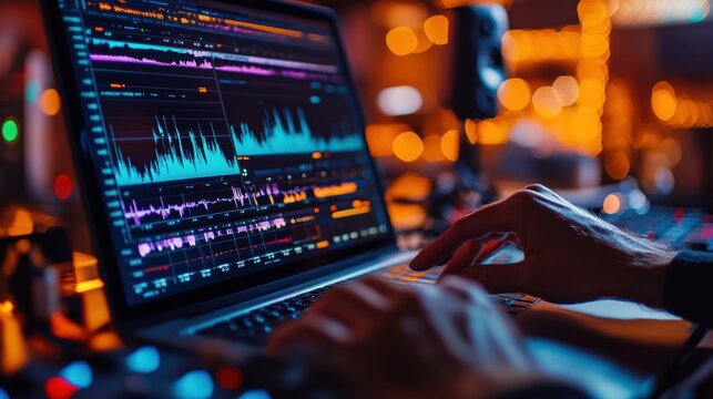 A close-up of a podcast host is hands adjusting audio settings on a laptop, with digital waveforms and sound editing software visible on the screen