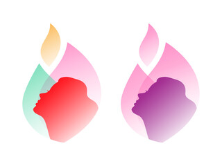 Silhouette of a woman's face against the background of abstract bright shapes. Isolated vector illustration, print, logo