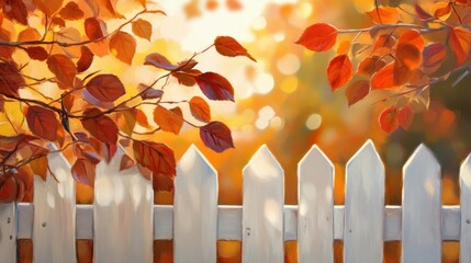 Autumn leaves on white picket fence