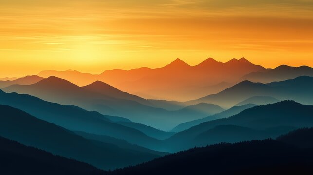 A nature-inspired wallpaper with a mountain range silhouette against a golden sunset sky, giving a sense of tranquility