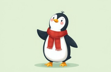 Obraz premium Adorable cartoon penguin wearing a bright red scarf on a soft green background. Ideal for children's illustrations and cheerful cartoons.