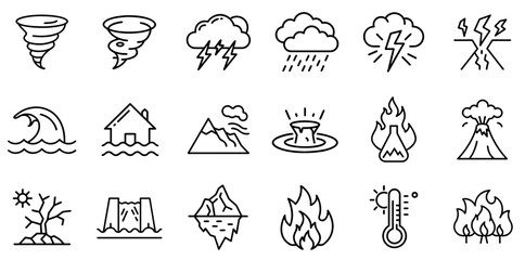 "Natural Disaster Line Icon Representing Environmental Catastrophes and Crisis Management"