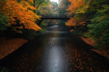 Serene river flows under wooden bridge surrounded by vibrant aut