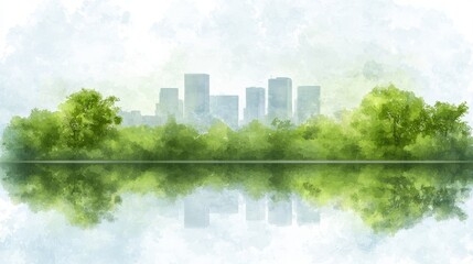 Fototapeta premium Stunning watercolor cityscape, a vibrant skyline with trees and artistic paint effects