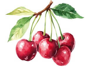 Watercolor Cherries on Branch.