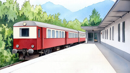 Fototapeta premium vibrant watercolor painting of red train at station surrounded by lush greenery and mountains., Watercolor illustration