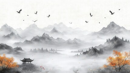 Misty Mountain Landscape in Ink Painting Style