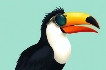 Naklejka premium Colorful toucan wearing stylish sunglasses against a light blue background. Ideal for children's illustrations and cartoons.