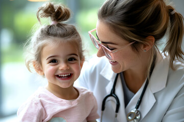 Smiling caucasian young female doctor with happy child in bright room setting