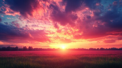 Fototapeta premium Crimson Bloom Horizon: A Field Ablaze in Sunset's Fiery Embrace (96 characters)