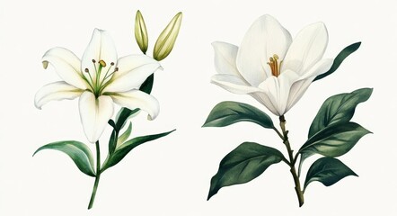 A thank you bouquet for spring, incorporating deep green, magnolias, and holly leaves, showcased on a white backdrop and detailed with stylized ink brushwork.