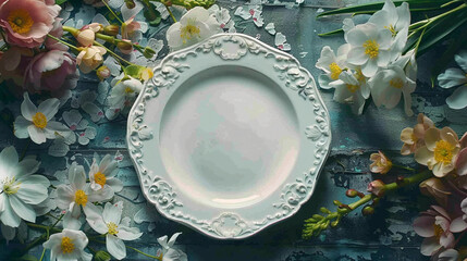 Elegant empty plate with delicate flowers arranged on a rustic gray background.